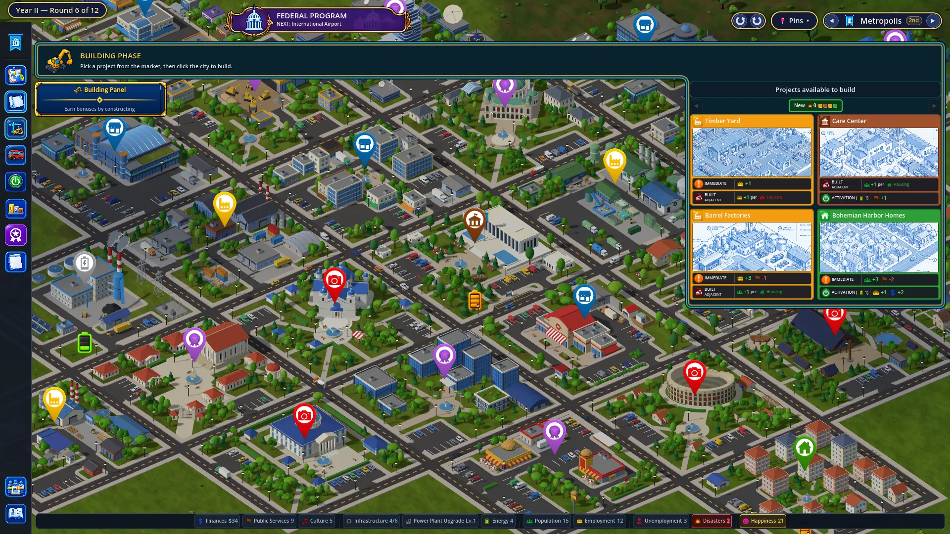 Building phase screenshot: a market of four projects, each card showing immediate, adjacent and activation effects, next to the 3D city map with pins over each district.