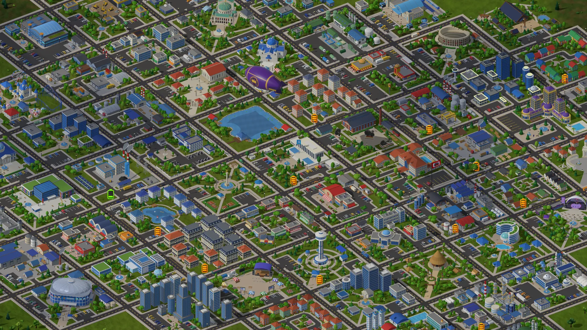 Mapa 3D da cidade visto do alto: dezenas de prédios diferentes, parques, lagos, um estádio e um dirigível sobre uma malha de ruas com trânsito.